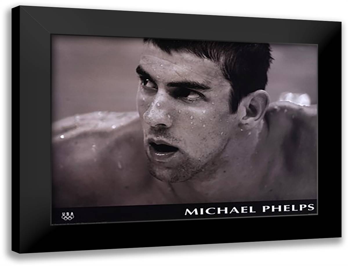 Michael Phelps - Black and White Portrait 22x17 Black Modern Wood Framed Art Print Poster