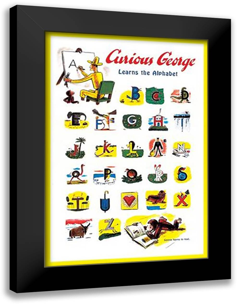 Curious George Learns the Alphabet 28x40 Black Modern Wood Framed Art Print Poster by Rey, H. A.