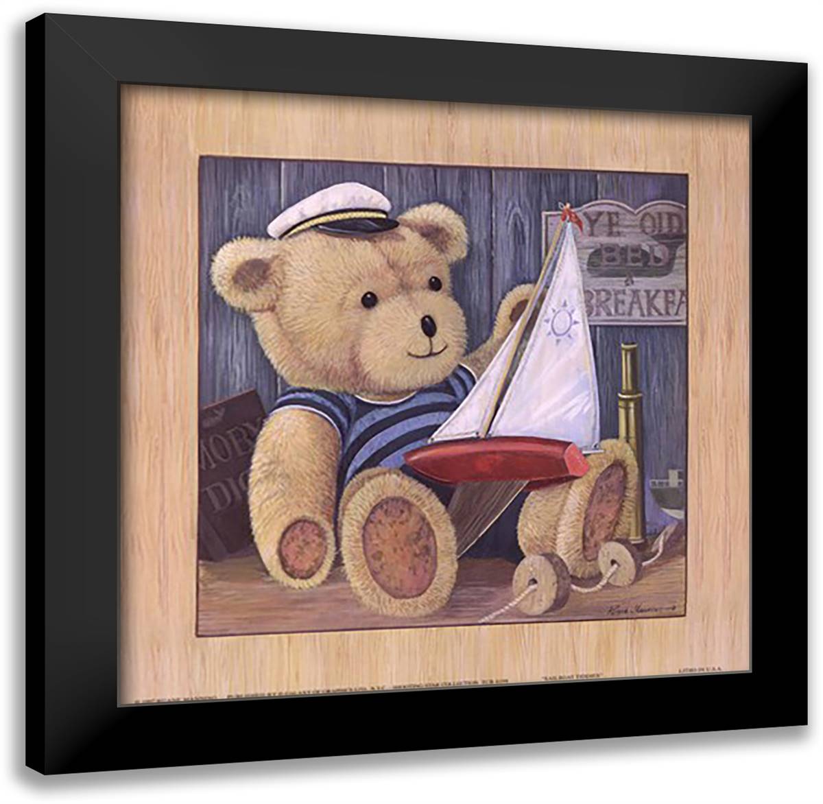 Sailboat Teddies 13x13 Black Modern Wood Framed Art Print Poster by Manning, Ruane