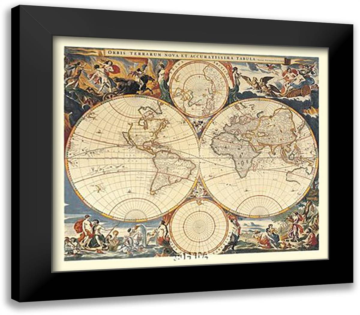 World Map 32x28 Black Modern Wood Framed Art Print Poster by Visscher, Nicholas