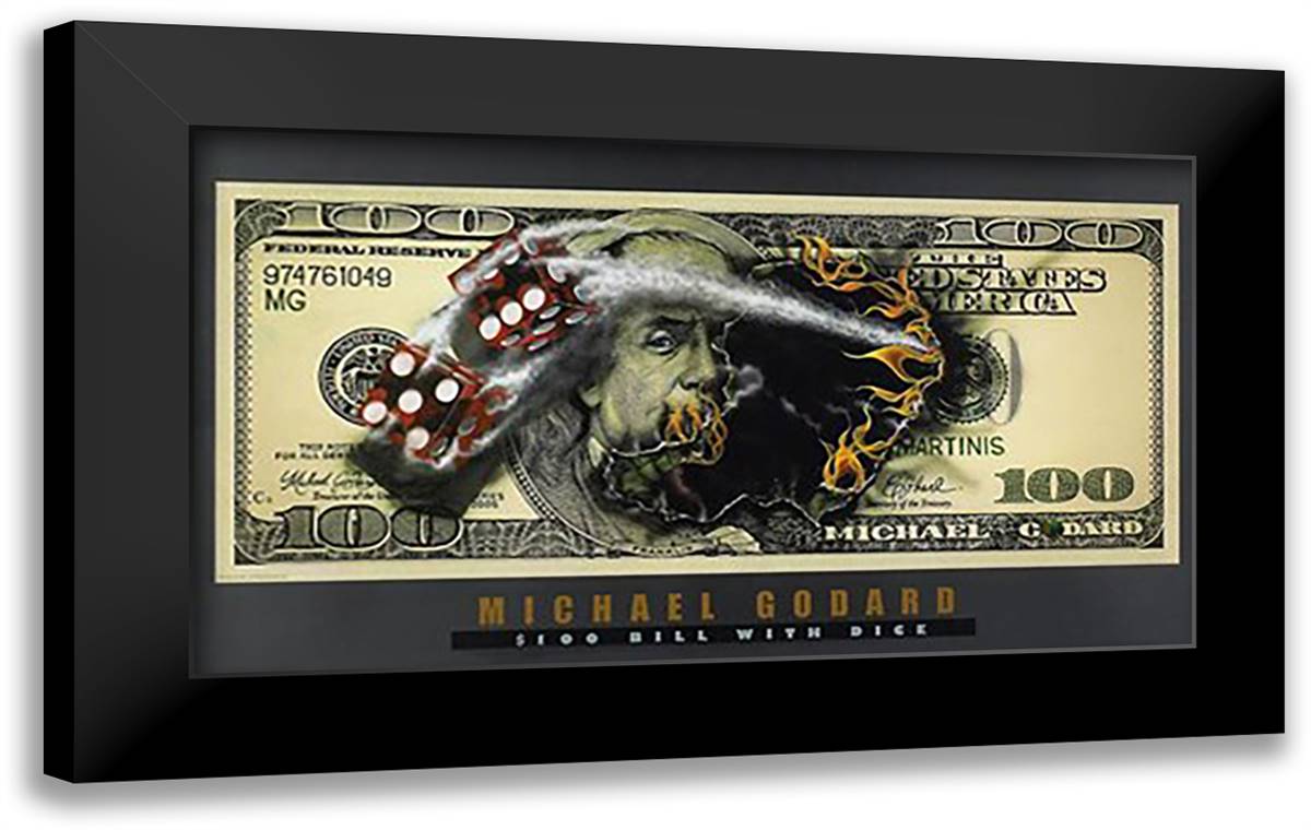$100 Bill With Dice 40x24 Black Modern Wood Framed Art Print Poster by Godard, Michael