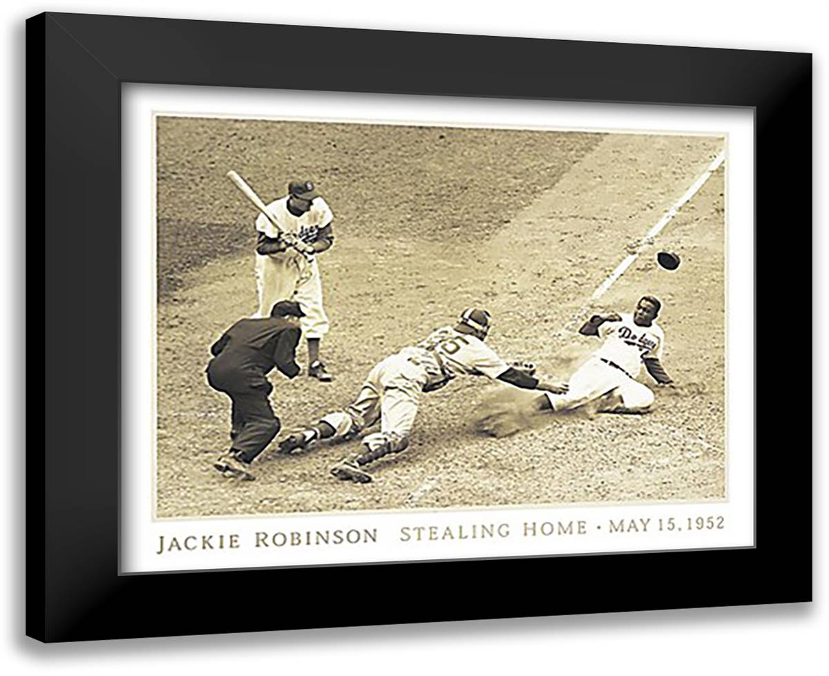 Jackie Robinson Stealing Home, May 15, 1952 32x26 Black Modern Wood Framed Art Print Poster