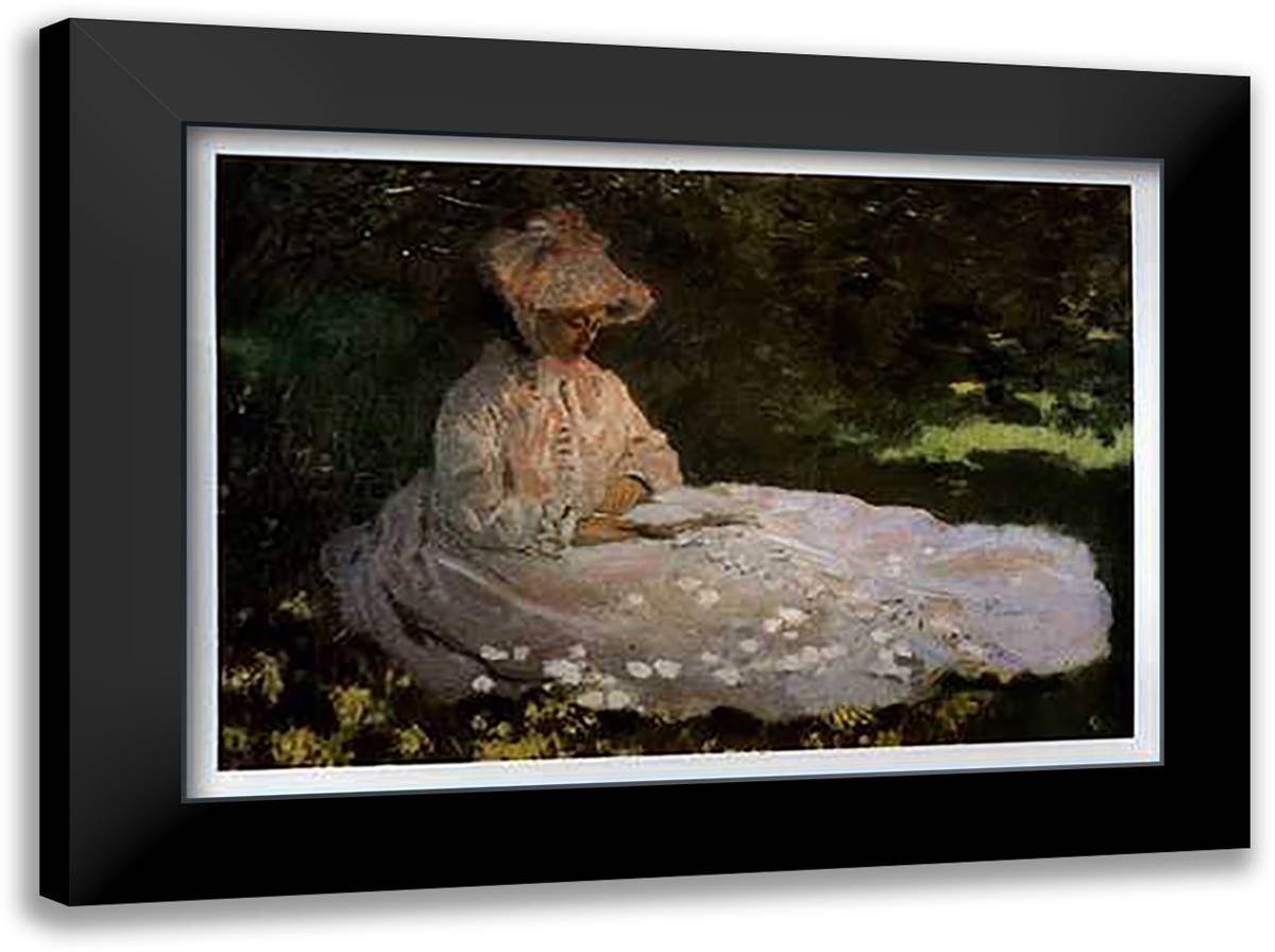 Woman Reading 40x28 Black Modern Wood Framed Art Print Poster by Monet, Claude