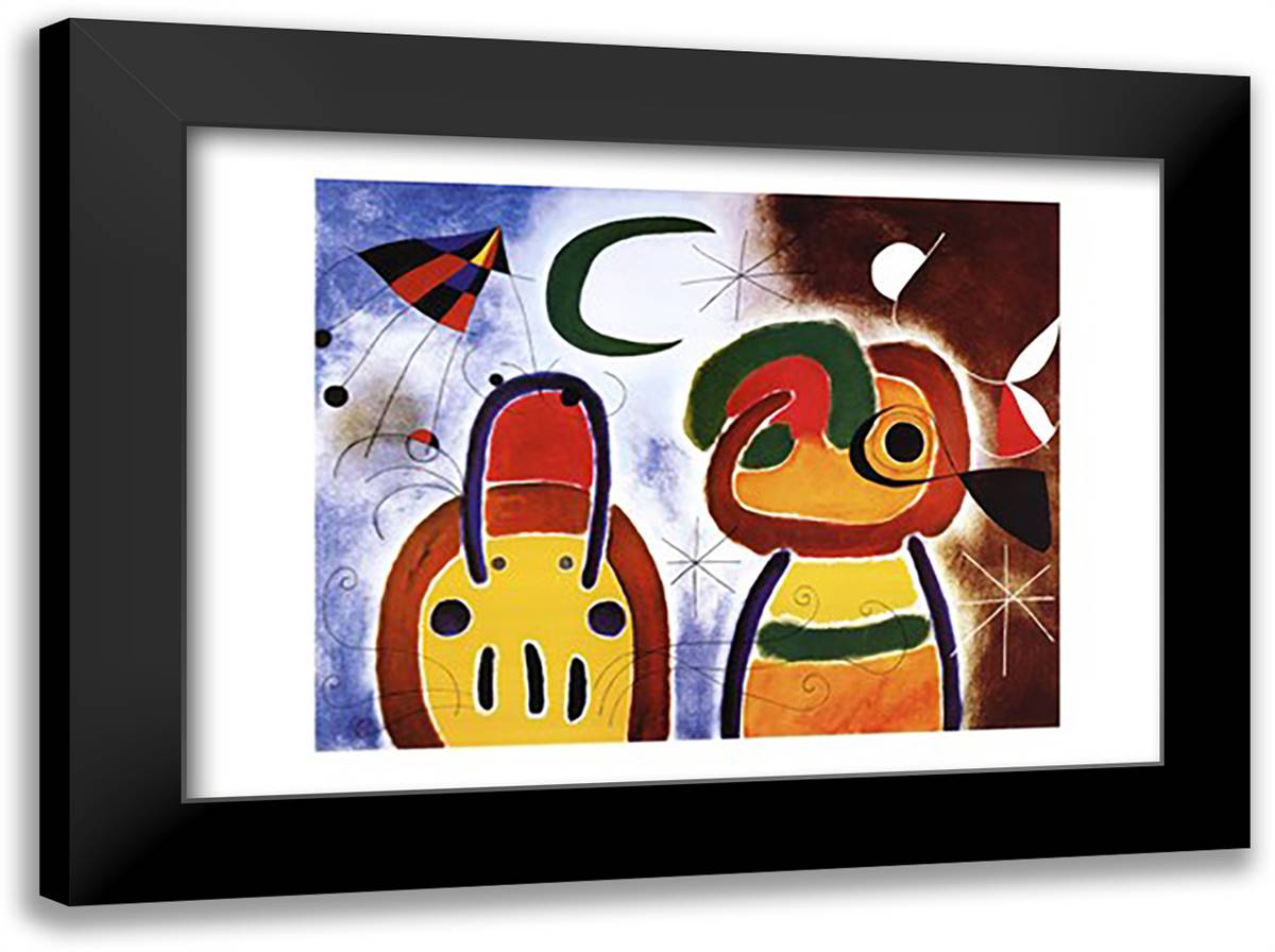 L'Oiseau au Plumage Deploye 40x28 Black Modern Wood Framed Art Print Poster by Miro, Joan