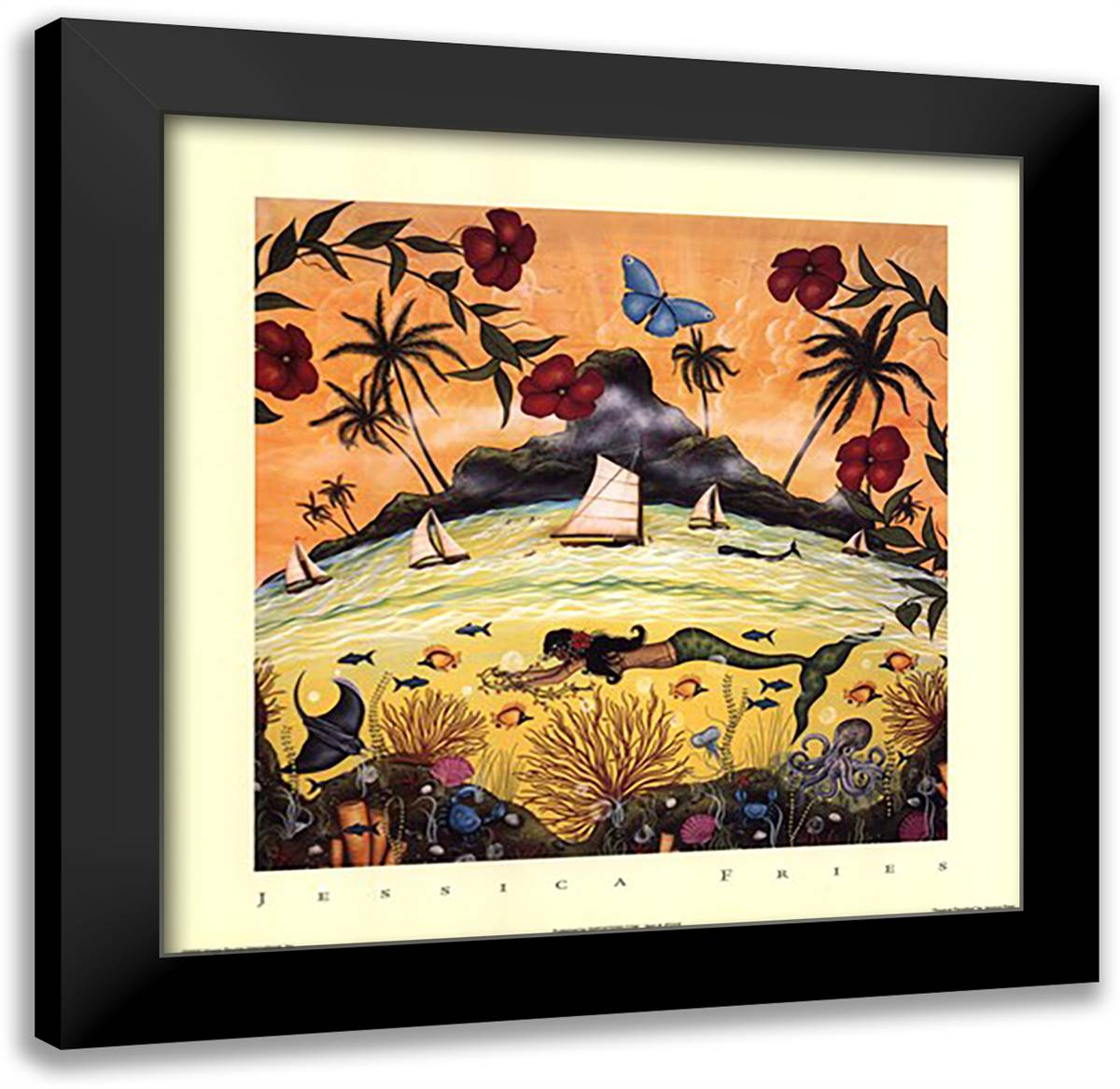Tropical Paradise 14x14 Black Modern Wood Framed Art Print Poster by Fries, Jessica
