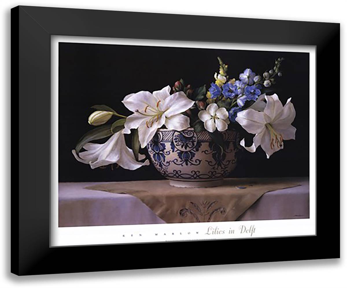 Lilies in Delft 34x28 Black Modern Wood Framed Art Print Poster by Marlow, Ken