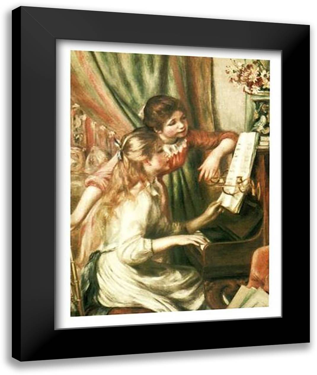 Two Young Girls at the Piano 20x24 Black Modern Wood Framed Art Print Poster by Renoir, Pierre-Auguste