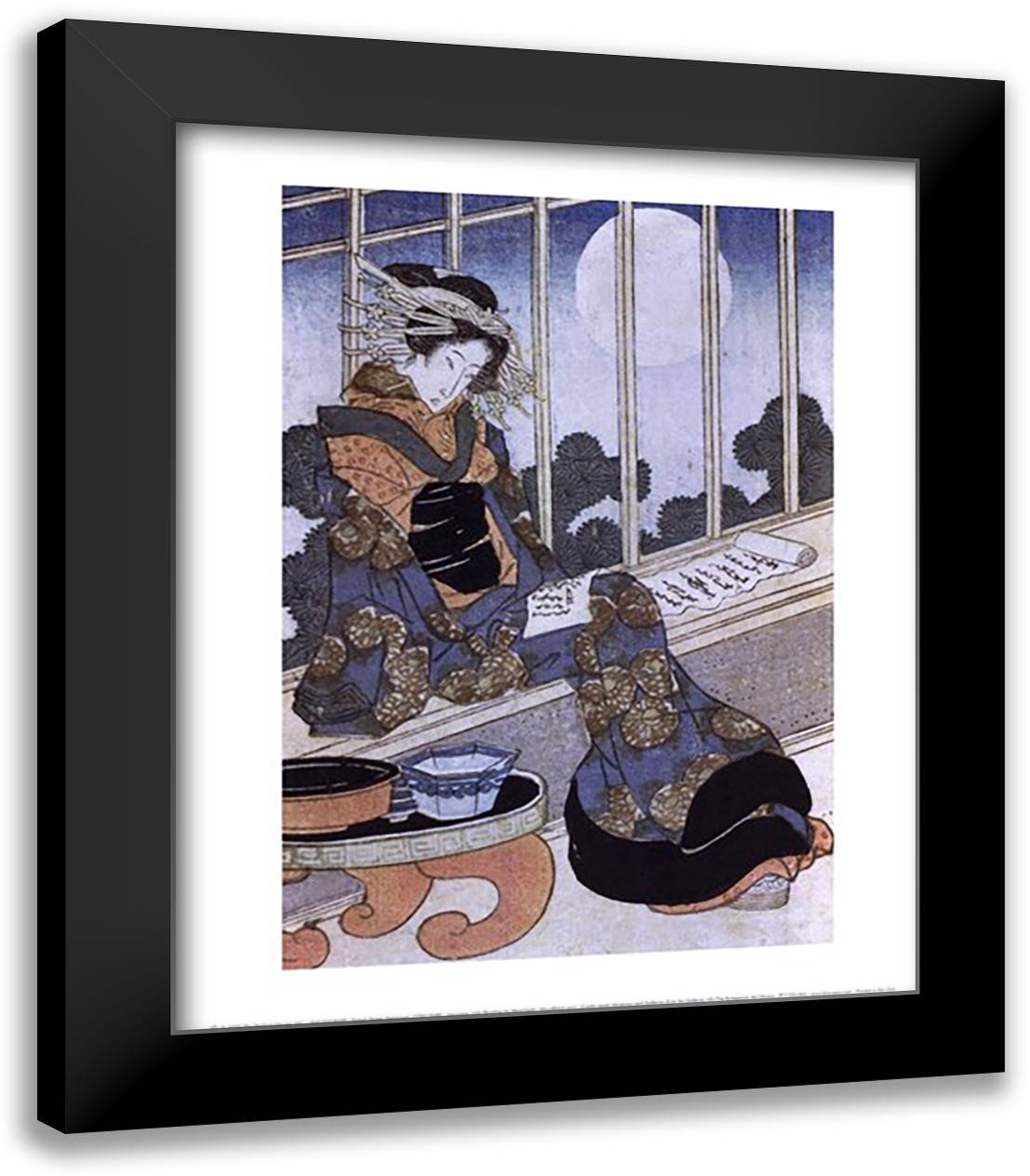 Japanese Lady Reading by Moonlight 15x18 Black Modern Wood Framed Art Print Poster by Yeisen