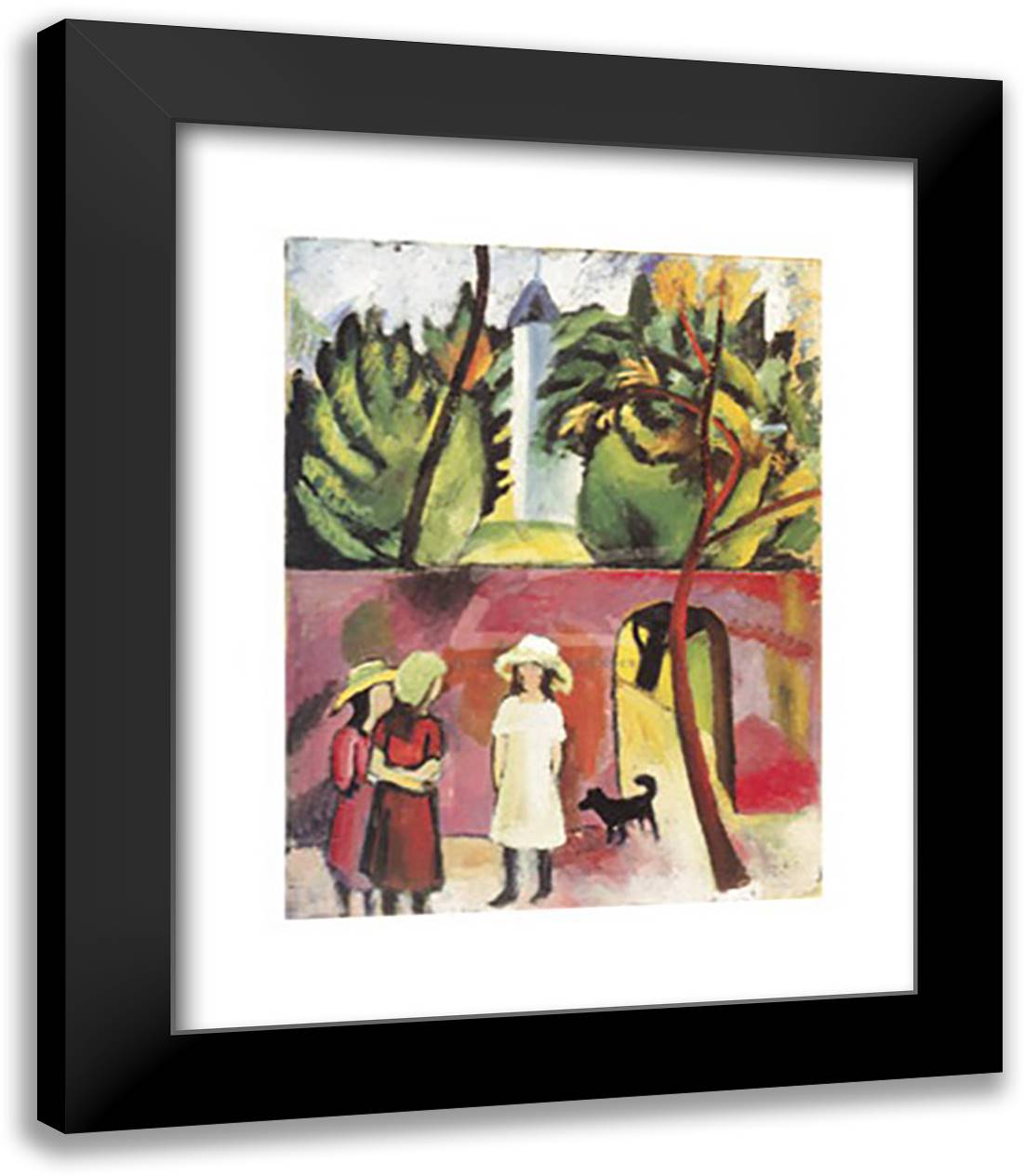Three Girls with a Dog in Front of the Garden Gate, 1913 15x18 Black Modern Wood Framed Art Print Poster by Macke, August