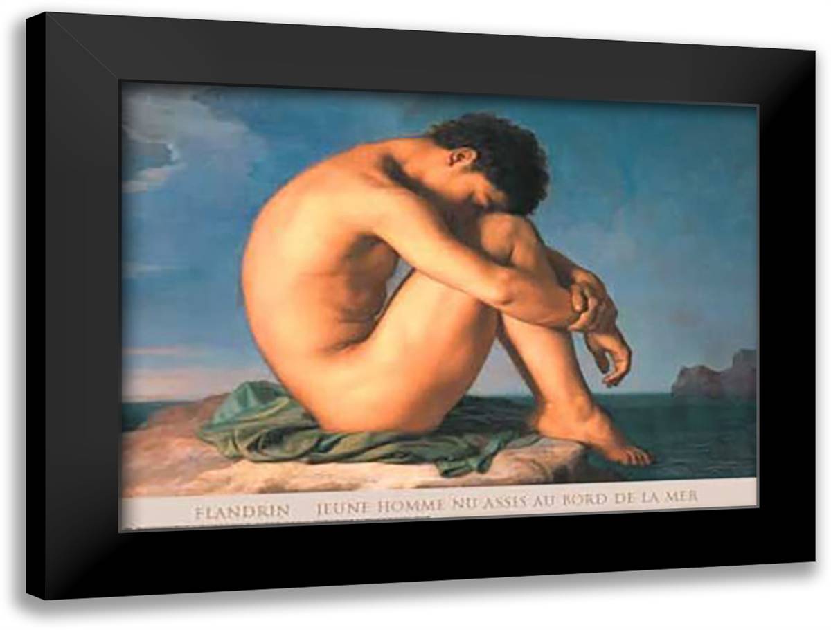 Jeune Homme nu Assis au Boro de la Mer 32x23 Black Modern Wood Framed Art Print Poster by Flandrin, Hippolyte