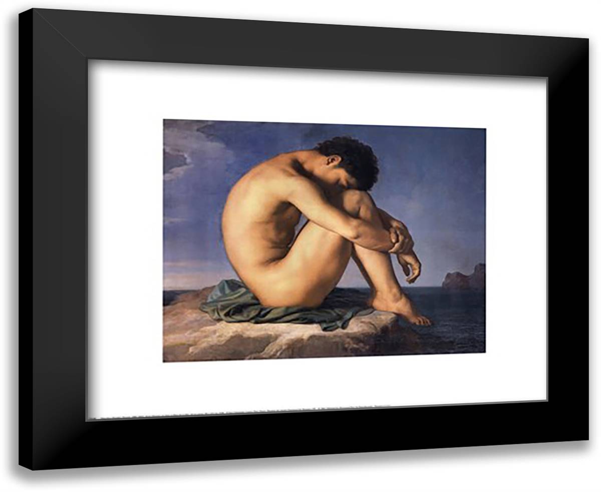 Jeune Homme nu Assis au Boro de la Mer 20x24 Black Modern Wood Framed Art Print Poster by Flandrin, Hippolyte