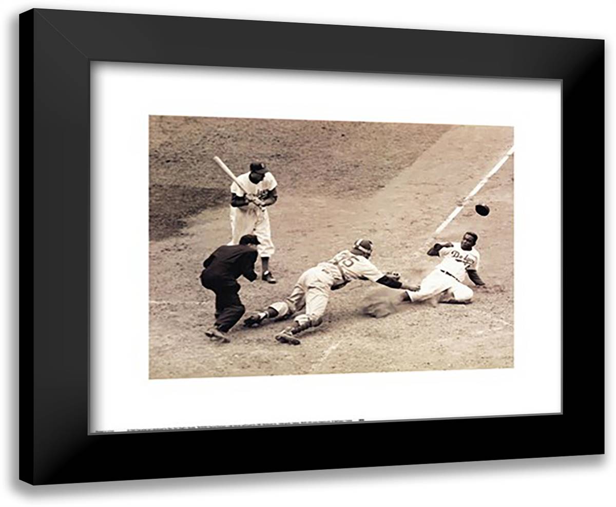 Jackie Robinson Stealing Home, May 18, 1952 24x20 Black Modern Wood Framed Art Print Poster by Bettmann-Corbis