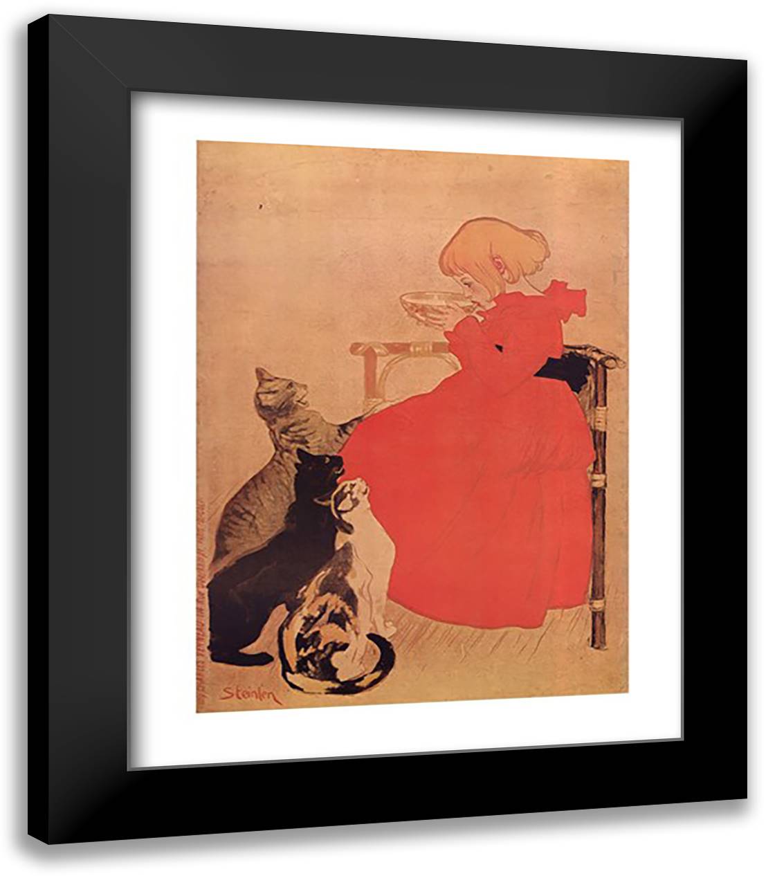 Theophile Alexandre Steinlen - Girl and Three Kittens Size 26x32 Black Modern Wood Framed Art Print Poster by Steinlen, Theophile-Alexandre