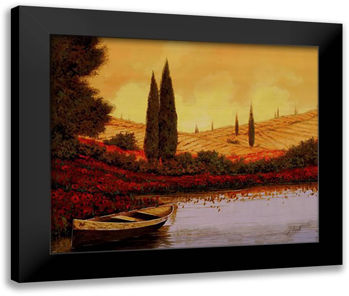 La Barca Al Tramanto 24x20 Black Modern Wood Framed Art Print Poster by Borelli, Guido