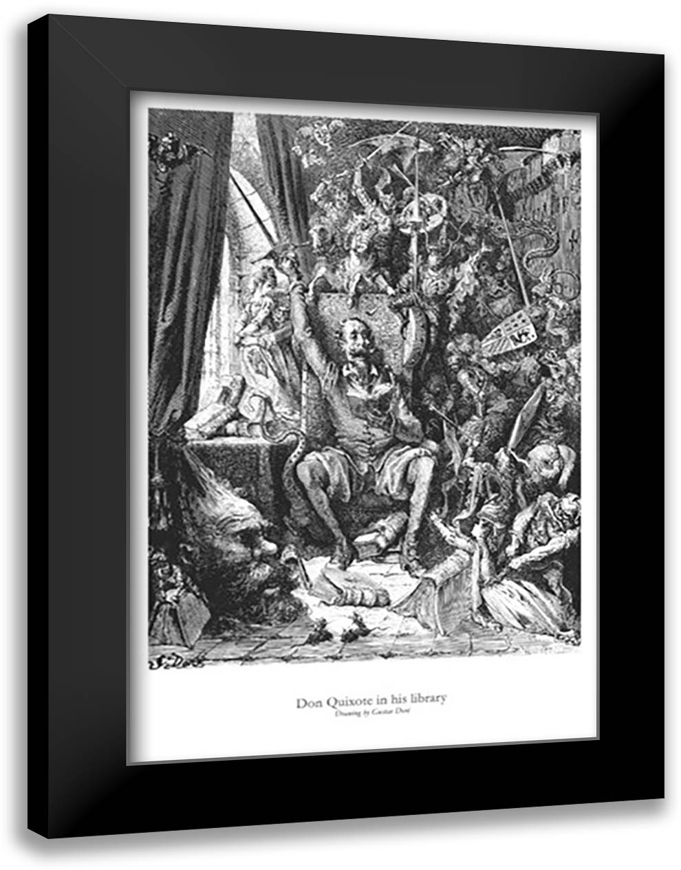 Don Quixote in his Library 28x40 Black Modern Wood Framed Art Print Poster by Dore, Gustav