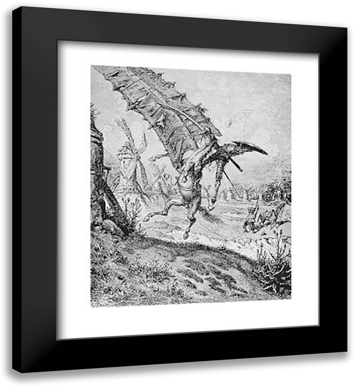 Don Quixote And The Windmill 26x32 Black Modern Wood Framed Art Print Poster by Dore, Gustav