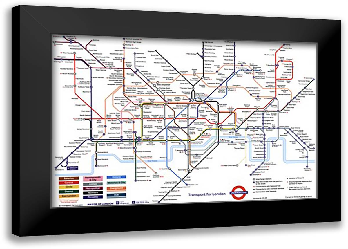 London Underground Map 40x28 Black Modern Wood Framed Art Print Poster