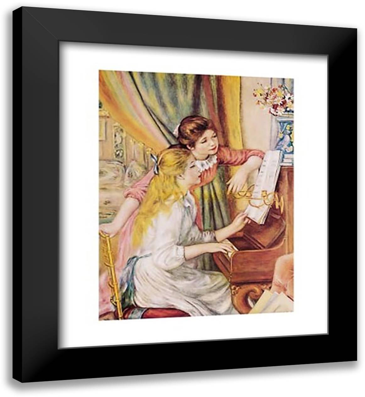 Two Young Girls at the Piano 26x32 Black Modern Wood Framed Art Print Poster by Renoir, Pierre-Auguste