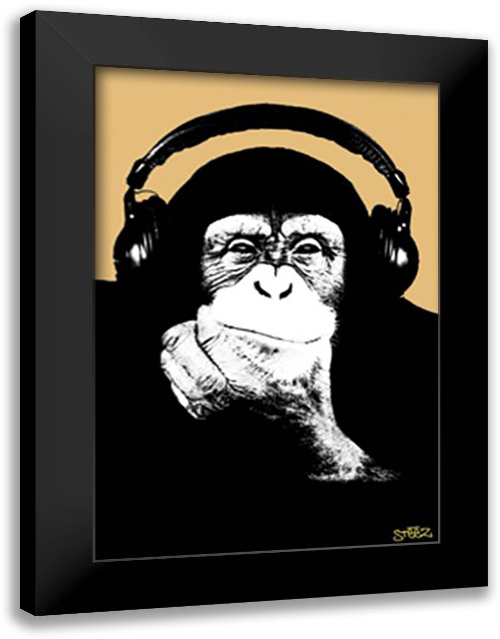 Headphones Monkey (Steez) 28x40 Black Modern Wood Framed Art Print Poster by Steez
