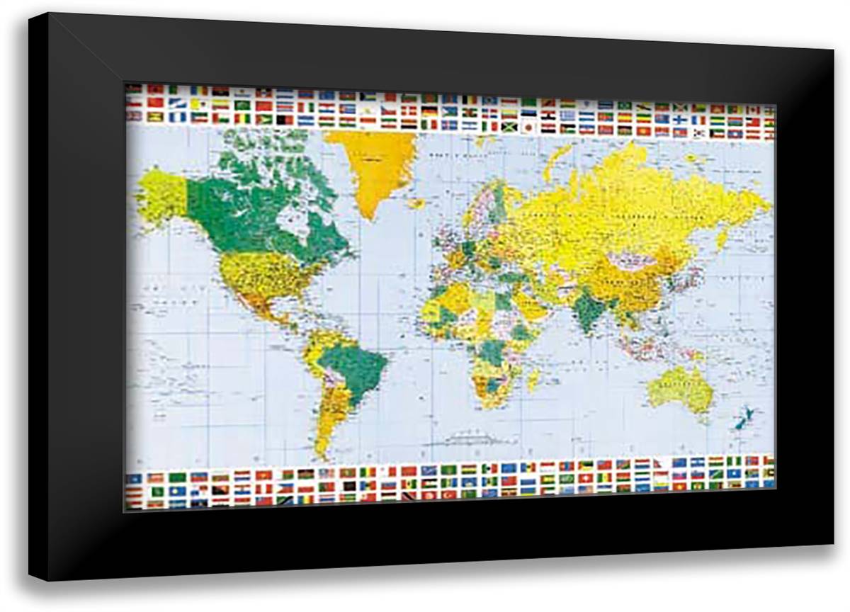 Map Of The World 40x28 Black Modern Wood Framed Art Print Poster