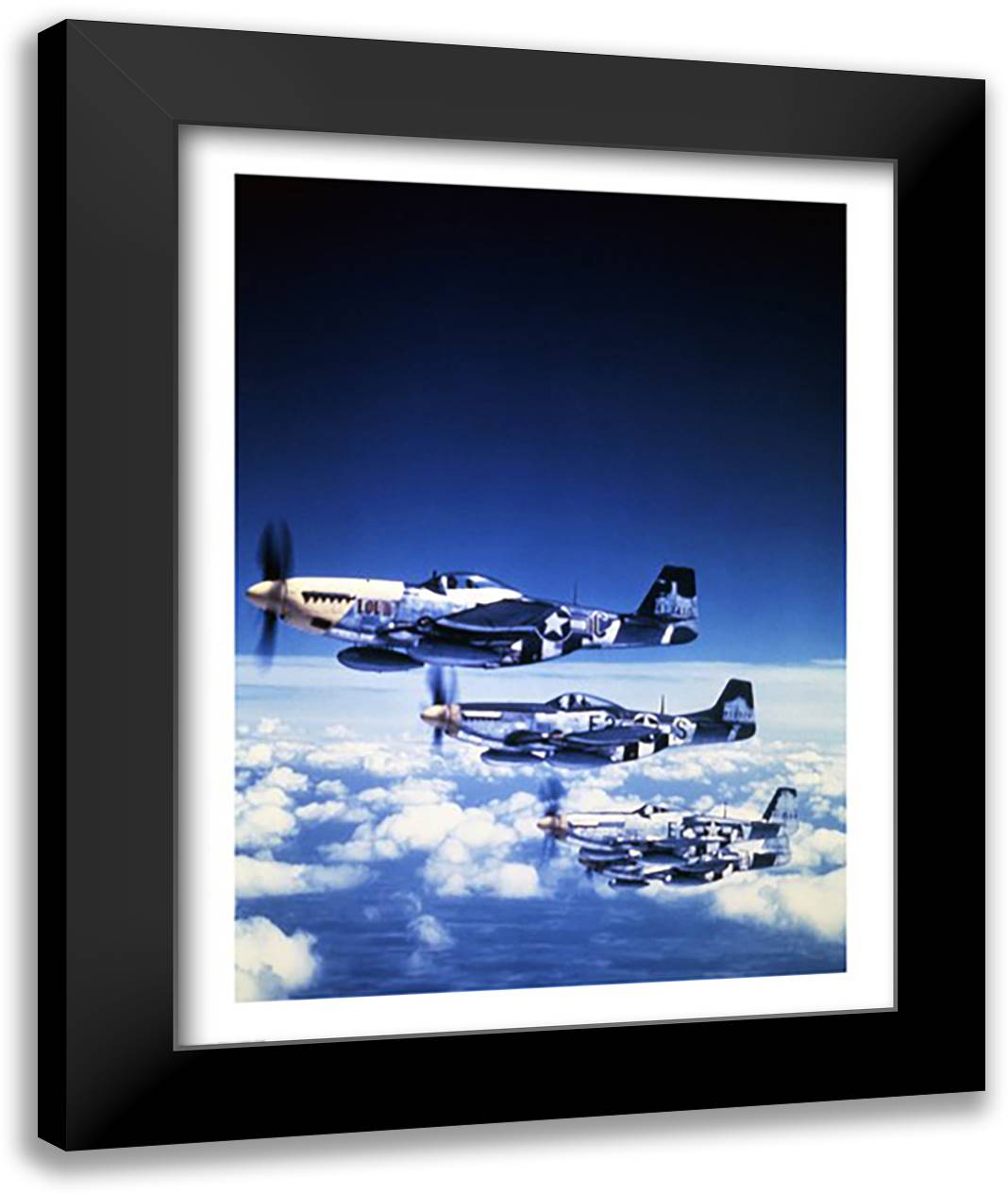 Four fighter planes in flight, P-51 Mustang 22x28 Black Modern Wood Framed Art Print Poster