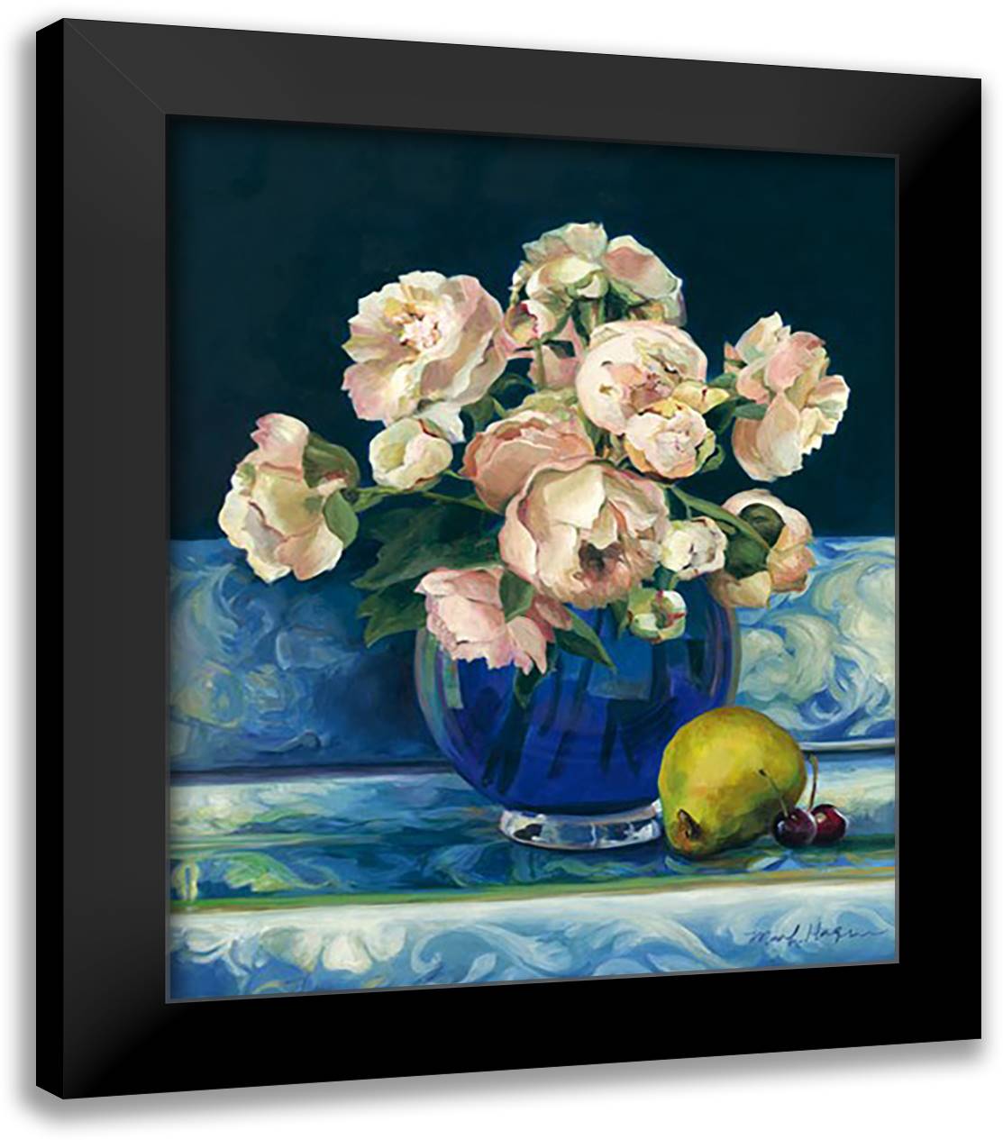 Peonies in Cobalt Vase 20x24 Black Modern Wood Framed Art Print Poster by Hageman, Marilyn