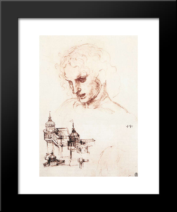 Study Of An Apostle'S Head And Architectural Study 20x24 Black Modern Wood Framed Art Print Poster by da Vinci, Leonardo