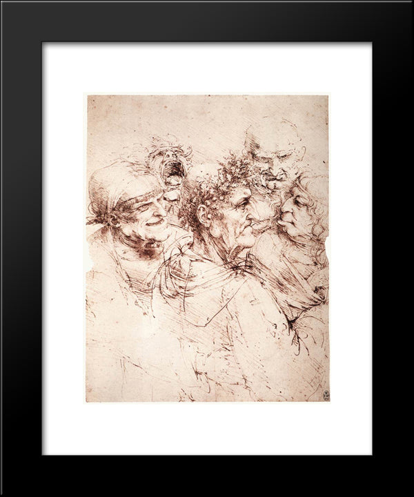Study Of Five Grotesque Heads 20x24 Black Modern Wood Framed Art Print Poster by da Vinci, Leonardo