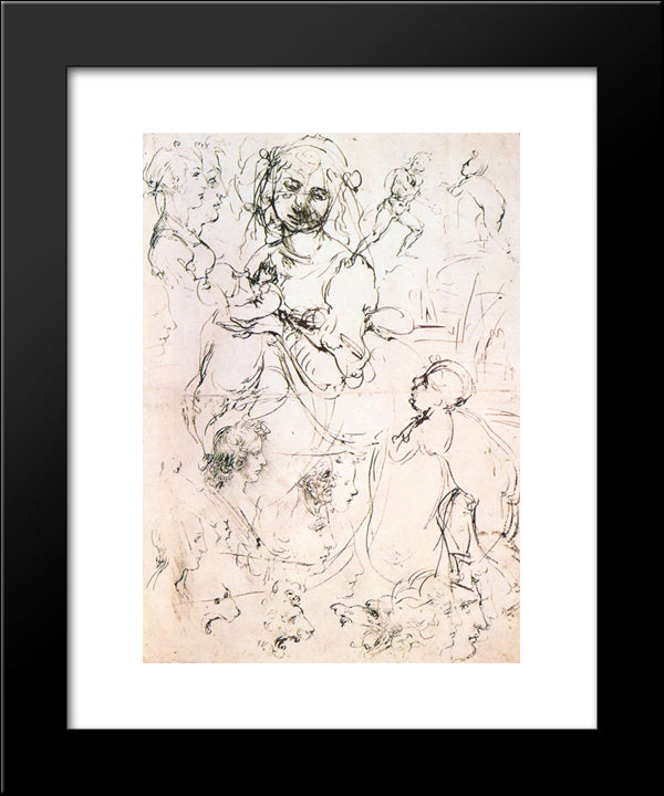 Study Of Nursing Madonna And Profile Heads 20x24 Black Modern Wood Framed Art Print Poster by da Vinci, Leonardo