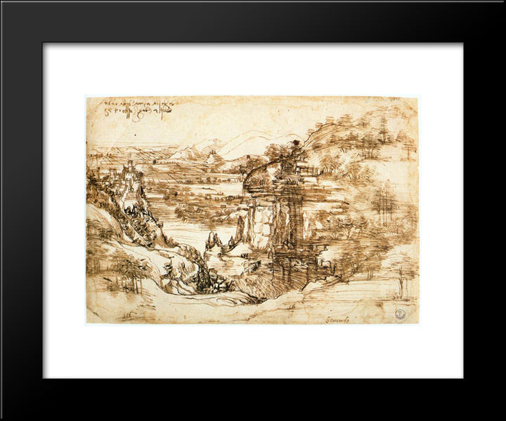 Landscape Drawing For Santa Maria Della Neve On 5Th August 1473 20x24 Black Modern Wood Framed Art Print Poster by da Vinci, Leonardo