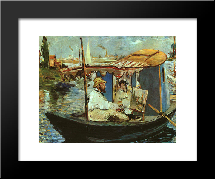 Claude Monet Working On His Boat In Argenteuil 20x24 Black Modern Wood Framed Art Print Poster by Manet, Edouard