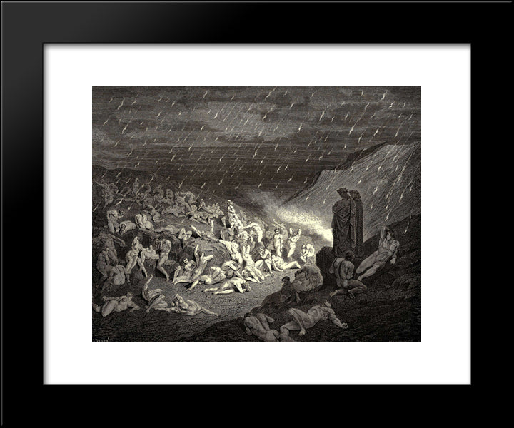 The Inferno, Canto 14, Line 37'39: Unceasing Was The Play Of Wretched Hands, Now This, Now That Way Glancing, To Shake Off The Heat, Still Falling Fresh. 20x24 Black Modern Wood Framed Art Print Poster by Dore, Gustave