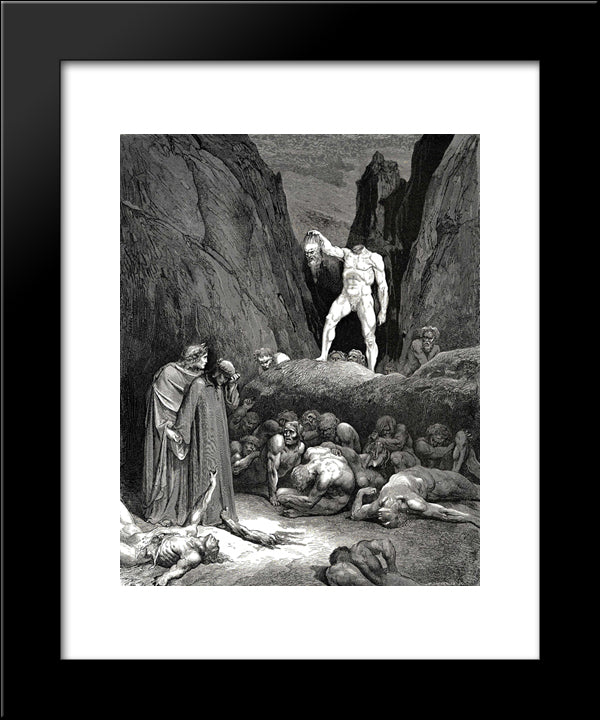 The Inferno, Canto 28, Lines 116'119: By The Hair It Bore The Sever Member, Lantern'Wise Pendent In Hand, Which Look At Us And Said, Woe's Me! 20x24 Black Modern Wood Framed Art Print Poster by Dore, Gustave
