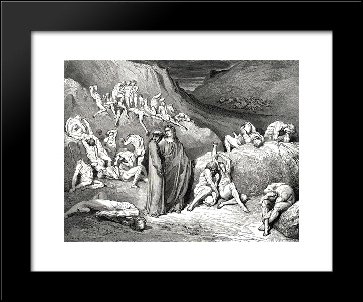 The Inferno, Canto 29, Lines 79'81: The Crust Came Drawn From Underneath In Flakes, Like Scales Scrap From The Bream Or Fish Of Broader Mail. 20x24 Black Modern Wood Framed Art Print Poster by Dore, Gustave
