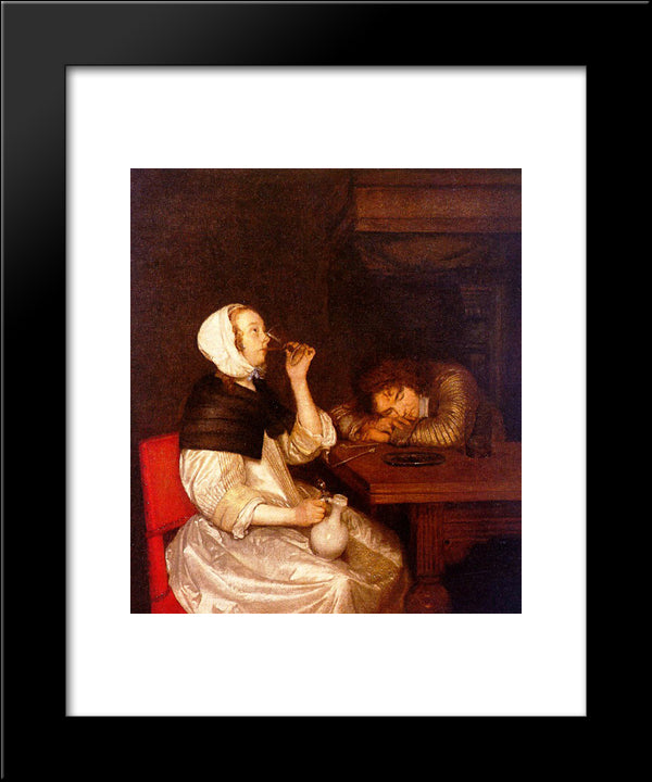 Woman Drinking With A Sleeping Soldier 20x24 Black Modern Wood Framed Art Print Poster by Terborch, Gerard