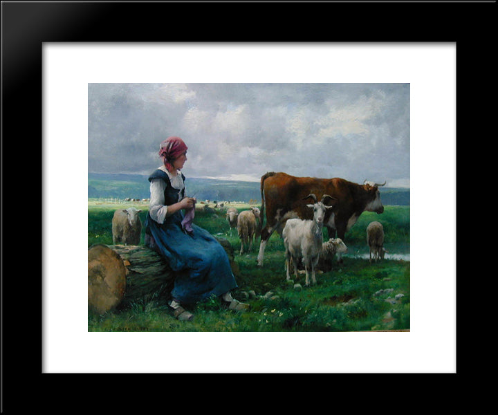 Shepherdess With Goat, Sheep And Cow 20x24 Black Modern Wood Framed Art Print Poster by Dupre, Julien