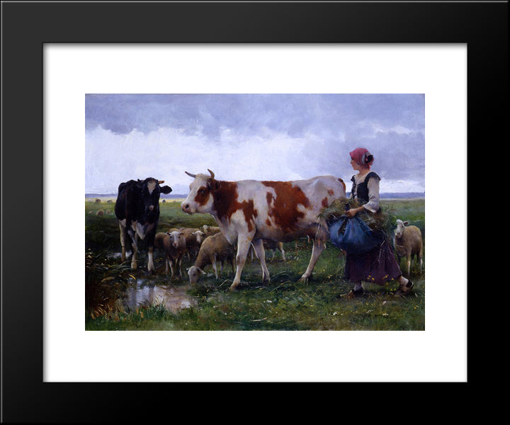 Peasant Woman With Cows & Sheep 20x24 Black Modern Wood Framed Art Print Poster by Dupre, Julien