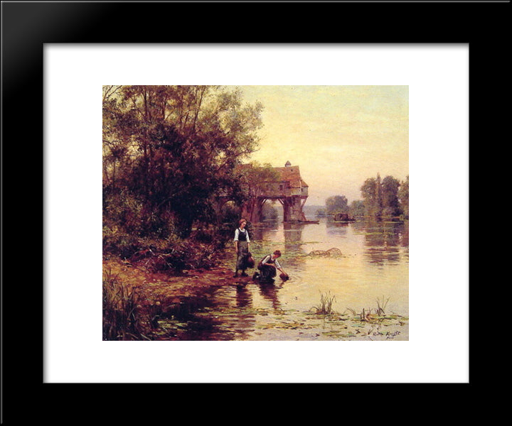 Two Girls By A Stream 20x24 Black Modern Wood Framed Art Print Poster by Knight, Louis Aston