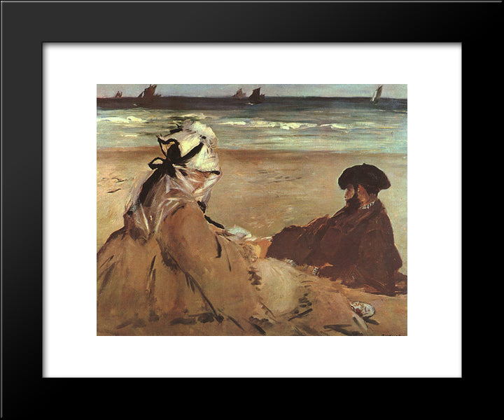 On The Beach 20x24 Black Modern Wood Framed Art Print Poster by Manet, Edouard