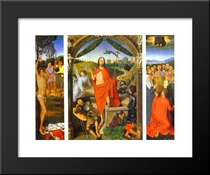 Triptych Of The Resurrection: The Resurrection (Centre) The Martyrdom Of St. Sebastian (Left) And The Ascension (Right) 20x24 Black Modern Wood Framed Art Print Poster by Memling, Hans