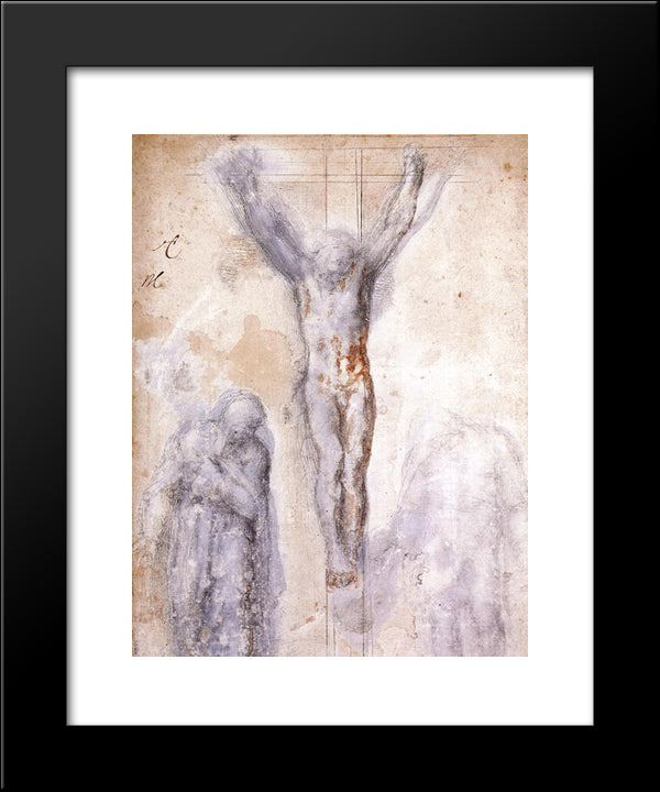 Study Of 'Christ On The Cross Between The Virgin And St. John The Evangelist' 20x24 Black Modern Wood Framed Art Print Poster by Michelangelo