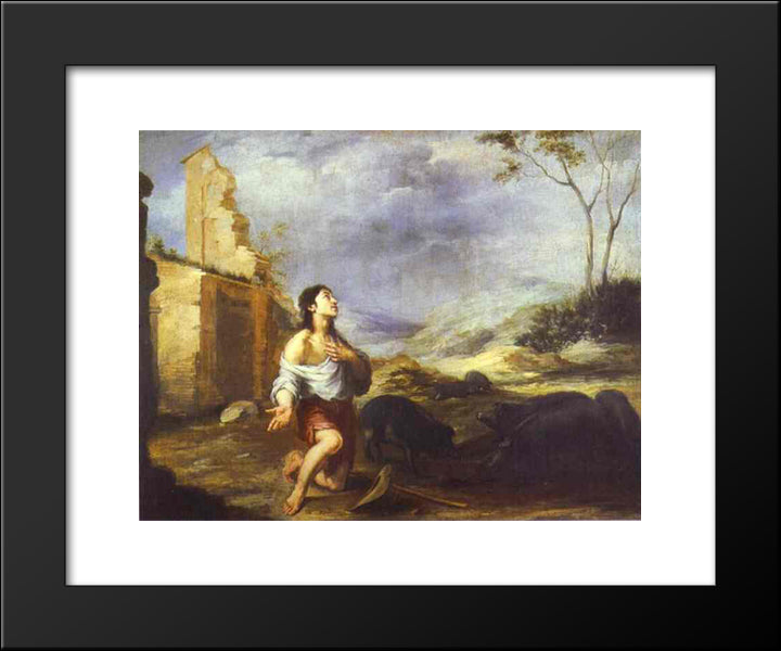 The Prodigal Son Feeding Swine 20x24 Black Modern Wood Framed Art Print Poster by Murillo, Bartolome Esteban