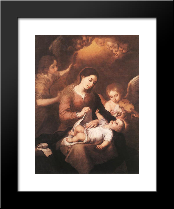 Mary And Child With Angels Playing Music 20x24 Black Modern Wood Framed Art Print Poster by Murillo, Bartolome Esteban