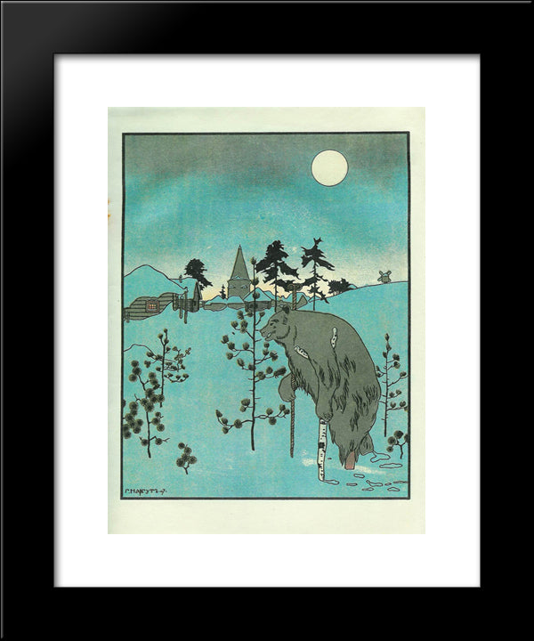 Illustration To 'The Crane And Heron. Bear.' 20x24 Black Modern Wood Framed Art Print Poster by Narbut, Heorhiy