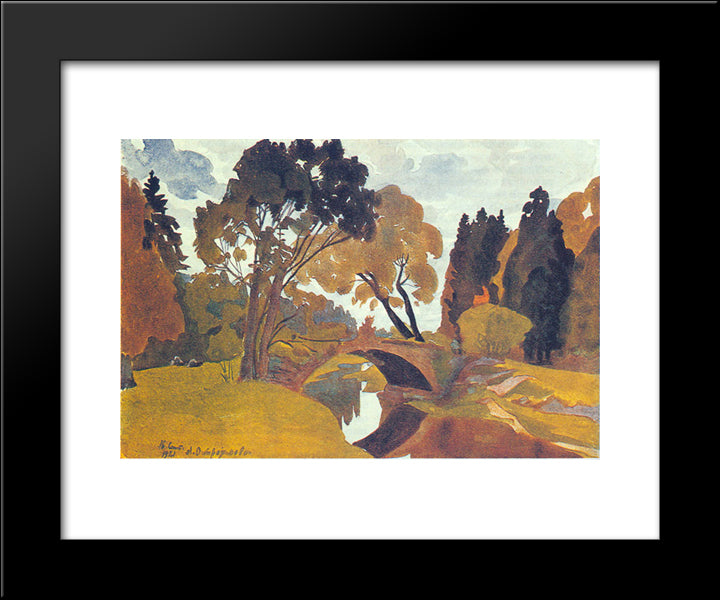 Pavlovsk. Novosilviysky Bridge. 20x24 Black Modern Wood Framed Art Print Poster by Ostroumova Lebedeva, Anna
