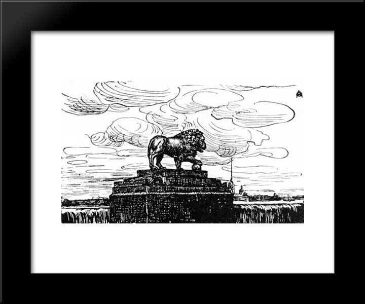 The Lion And The Fortress. Woodcut For The Magazine 'World'. 20x24 Black Modern Wood Framed Art Print Poster by Ostroumova Lebedeva, Anna