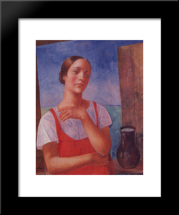 The Girl In Sarafan 20x24 Black Modern Wood Framed Art Print Poster by Petrov Vodkin, Kuzma