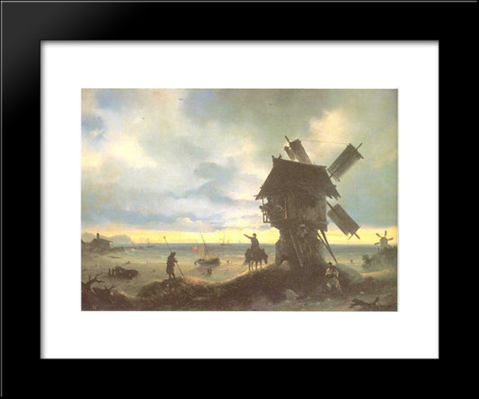 Windmill On The Sea Coast 20x24 Black Modern Wood Framed Art Print Poster by Aivazovsky, Ivan