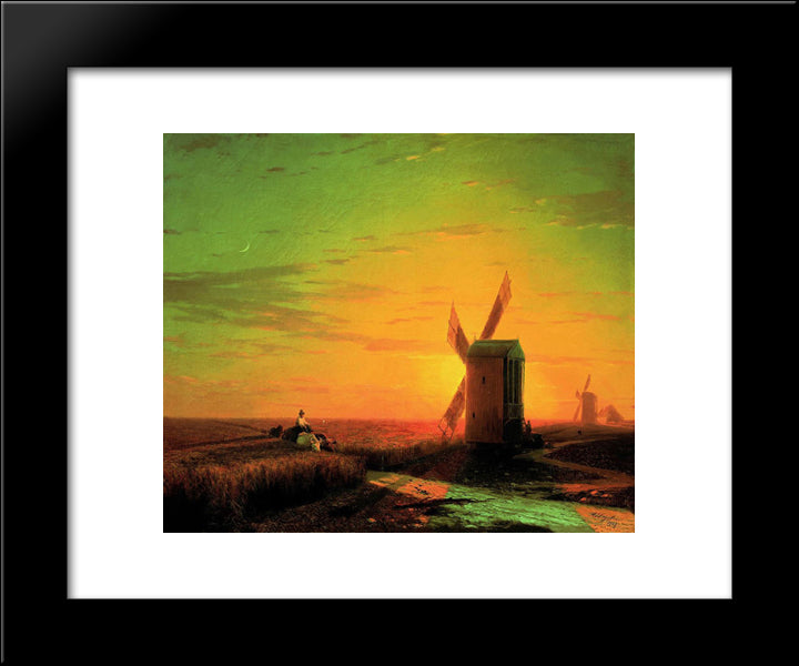 Windmills In The Ukrainian Steppe At Sunset 20x24 Black Modern Wood Framed Art Print Poster by Aivazovsky, Ivan