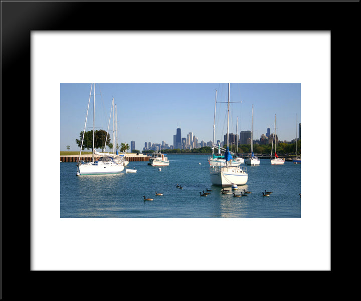 Sailboats And Chicago Skyline 20x24 Black Modern Wood Framed Art Print Poster
